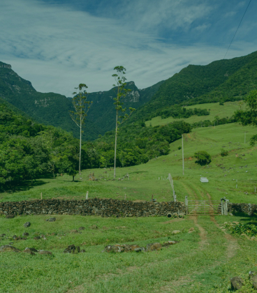 Paisagem da Trilha Canyon da Pedra em Jacinto Machado (SC), com campos verdes, montanhas da Serra Geral, mata nativa e acesso ao início do roteiro de ecoturismo.
